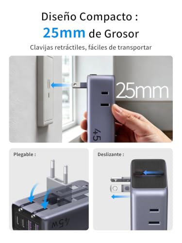 UGREEN 6 EN 1 Adaptador Enchufe Universal Viaje PD 45W 2 Tomas AC 2 USB C 2 USB A Cargador Adaptador Universal Tipo A I G C E K para EU UK USA Canadá Australia Tailandia Japón China
