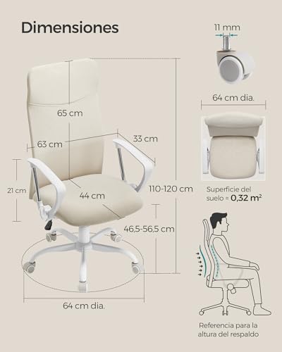 SONGMICS Silla de Oficina Ergonómica, Altura Ajustable, 120 kg | Asiento Giratorio Acolchado y Reclinable, Beige Capuchino, OBN034K01