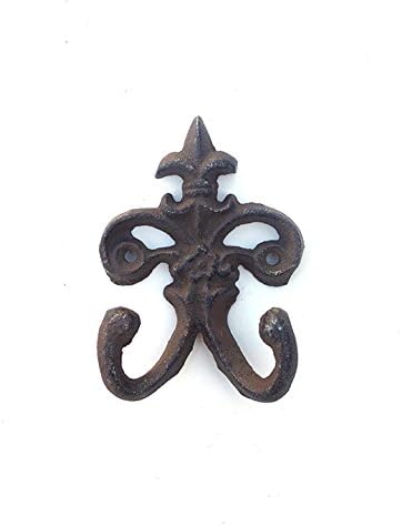 Rustic Cast Iron Fleur De Lis Double Wall Hooks | 3 1/2" Length - Coat, Hat, Hall Tree, Craft, etc. - Pack of 10