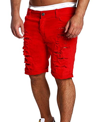 red ripped jean shorts