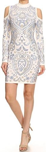 BANJUL Patterned rhinestone knit body con dress with cold shoulder detail, long sleeves, crew neckline, and zipper closure at back (Small)