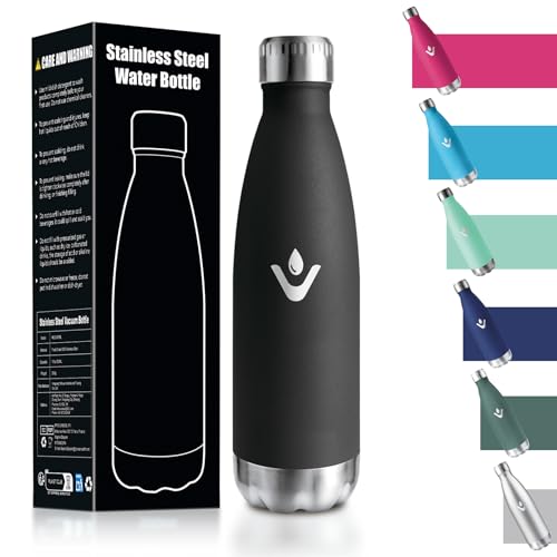 HoneyHolly Trinkflasche Edelstahl 500ml, BPA-frei, Thermosflasche, 18/8 Edelstahl, Wasserflasche Kinder, Doppelwandig Vakuumisoliert, Trinkflasche Kohlensäure Geeignet - Schwarz