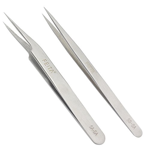 FEITA Precision Tweezers Stainless Steel Straight & Slanted Tip Best Tweezers Professional Set for Eyelash Extension, Craft, Jewelry, Eyebrow & Ingrown Hair Removal (SS&5A-SA 2Pcs)