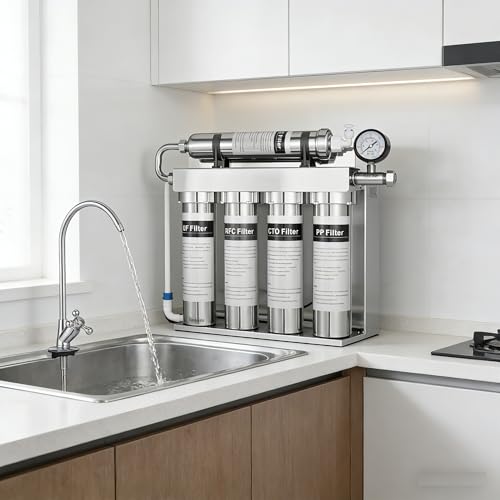 Purificador de Filtro agua 5 Etapas Acero Inoxidable 304, Filtro de Agua para Casa, Osmosis Inversa, Ultrafiltración de 0.01 μm, Elimina el 99% de los Contaminantes, con Manómetro