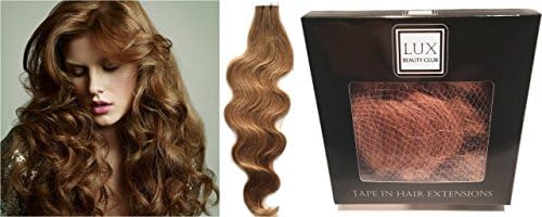 20" Color 12 Golden Brown Wavy 20 Pcs per Package Indian Remy Human Tape In Hair Extensions by Lux Beauty Club