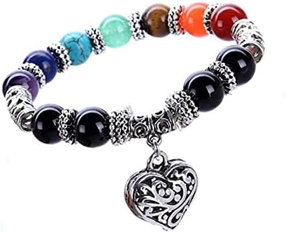EDOBLUE 7 Chakra Religion Healing Balance Stone Beaded Bracelet Yoga Reiki Charm Heart Bracelets 10MM