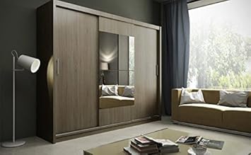 Cobra Gross 250 Cm Breit Verspiegelt Kleiderschrank Schrank In Truffel Eiche Holz Effekt Mit Einlegeboden Spiegel Schiebeturen Kleiderstange Schlafzimmer Flur Mobel Amazon De Kuche Haushalt