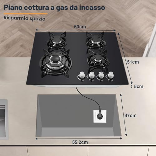 TopStrong 4 Burner Gas Hob, Built-in Glass Gas Hob, Flame-Out Protection, Natural Gas/Propane, 8060W, Black, 220-240V