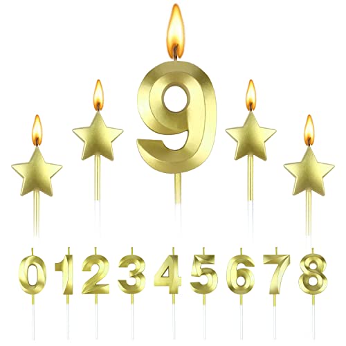 BEAN LIEVE Gold Birthday Candles - Golden Number 9 Cake Candle and Star Candles for Cake, Birthday Cake Candles Topper Decoration for Birthday、Wedding and Anniversary Party Celebration (Gold 9)