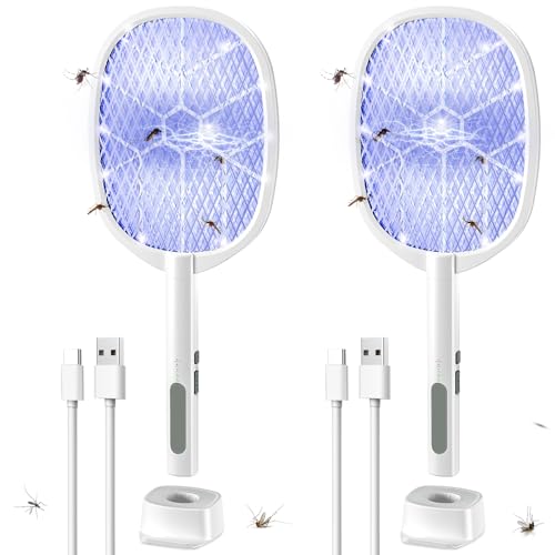 Elektrische Fliegenklatsche, 4000 V Insektenvernichter, 2-in-1-Schläger mit 1200 ml Akku, wiederaufladbar, lila, Mückenvernichter Lampe mit 3 Schichte