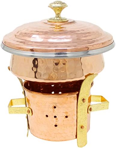 SKAVIJ 700-ML Copper Stainless Steel Serving Bowl Tureen for Salad, Pasta, Side Dishes, Soup, Dessert and Food Warmer Candle Lit Base Set, Brown