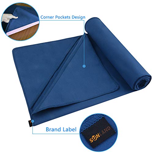 sunland Microfiber Non-Slip Yoga Towel Sweat Absorbent Soft Hot Yoga Towel + Hand Towel 2 in1 Set with Carry Bag Ideal for Pilates Hot Yoga Bikram 24 inches x 72 inches Navy Blue