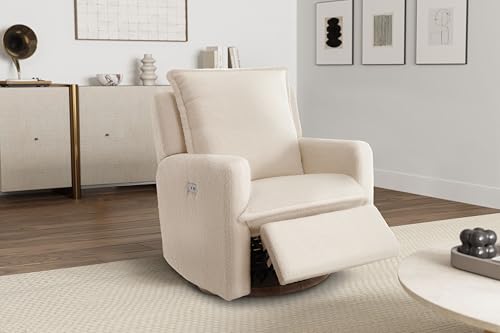 Valencia Milo Sheepskin Recliner, Power Recliner with USB Charging Port, Soft Sherpa Fabric Swivel Chair with Wooden Base, Armchair for Living Room (Beige)