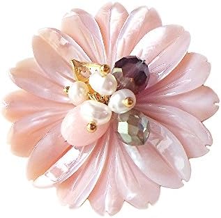 Hanabe Women Handmade Daisy Chrysanthemum Flower Mother of Pearl Crystal Beaded Brooch Pin Pink