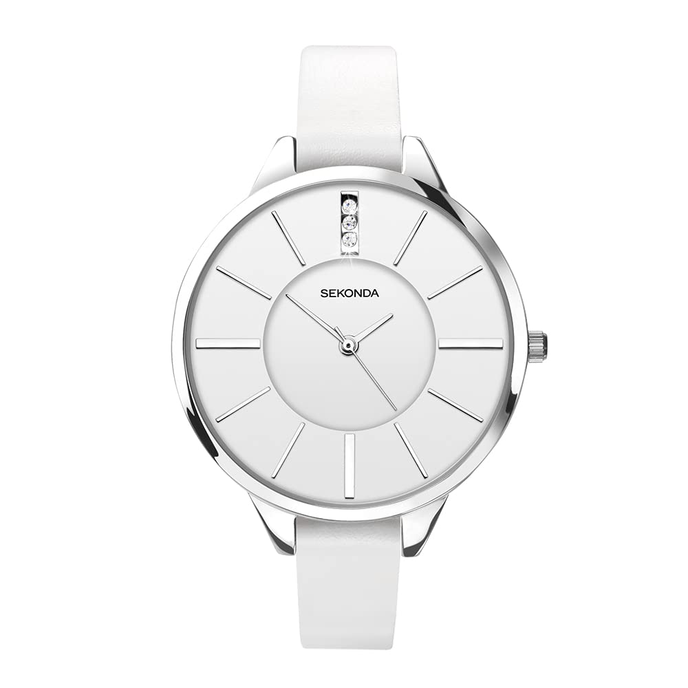 Sekonda Ada Womens Watch – Quartz 39mm Ladies Watch with Stone Set Sunray Dial, Silver-Tone Case and White Leather Strap – 2 Year Warranty — image 1