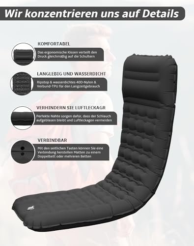 CIXMUS Inflatable Camping Sleeping Mat with Foot Pump and Pillow, 12 cm Thickened - Comfortable, Ultralight, Small Pack Size, Connectable - Ideal for Hiking, Camping and Travel