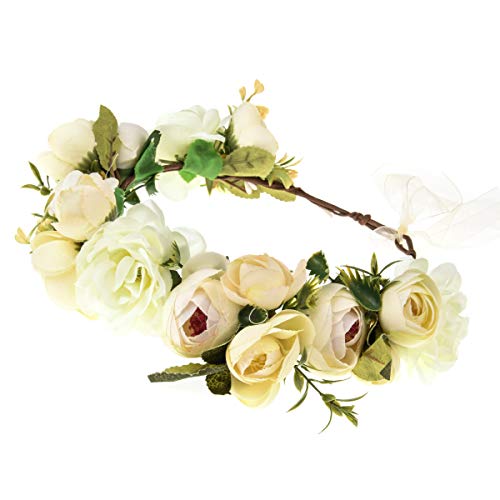 June Bloomy Women Rose Floral Crown Hair Wreath Leave Flower Headband with Adjustable Ribbon (1# White)