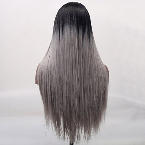 Arimika Silk Straight Long Black Roots Silver Grey Ombre Import