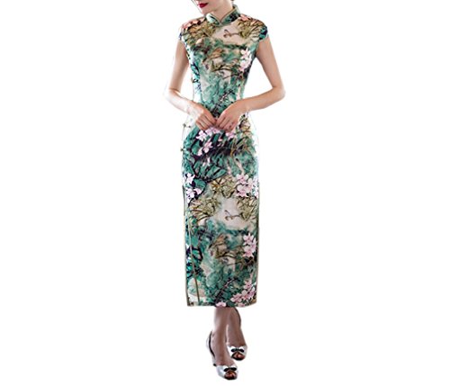 XueXian(TM) Women's Summer Floral Cap Sleeve Chinese Style Dress Long Cocktail Party Qipao Green