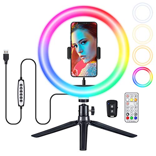 10.2” RGB Selfie Ring Light with Tripod Stand, 43 Light Modes LED Phone Ringlight with Phone Holder & Light Remote Control & Selfie Shutter for YouTube TikTok Photography Makeup Live Stream