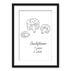 Framed Wall Art - Cauliflowers - Kitchen Wall Decoration | Black Picture Frames White Matting - 23x31 inches