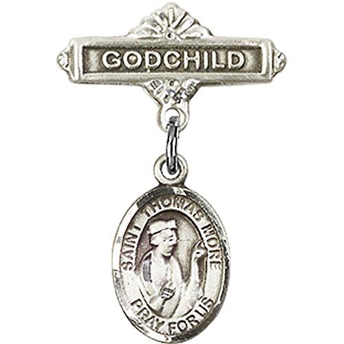 Sterling Silver Baby Badge with St. Thomas More Charm and Godchild Badge Pin 1 X 5/8 inches