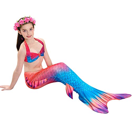 3 PCS Girls Mermaid Tail Swimsuit for Swimming Bikini Princess Can Add Monofin (C-Temperament Red, 9-10T / (Tag 140) / Ht51-54in)