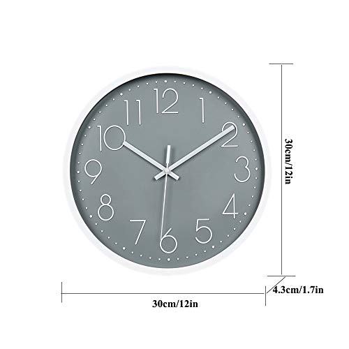 JUSTUP 12in Non-Ticking Wall Clock, Silent Battery Operated Wall Clock with ABS Frame HD Glass Cover for Kids Living Room Bedroom Kitchen School Office Decor (Gray) - Thumbnail 3