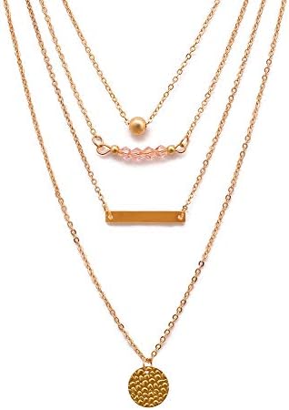 Opeof Necklace Women Elegant Mult Layers Chain Geometry Beads Round Pendants Sweater Necklace - Golden