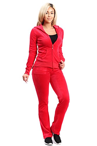 FandS-JO23019 Women's Fashion Hoodie Velour 2 piece Set (MEDIUM, RED-OP109)