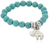 Yazilind Chap Turquoise Beads Tibetan Silver Cute Elephant Stretch Bangle Bracelet