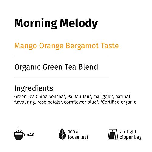 "Morning Melody" Grüner Tee Lose mit Mango Orangen Bergamotte Geschmack, Aromatisierte Teemischung (ca. 40 Tassen) 100 Gramm Tüte von alveus Premium Teas – Bild 8