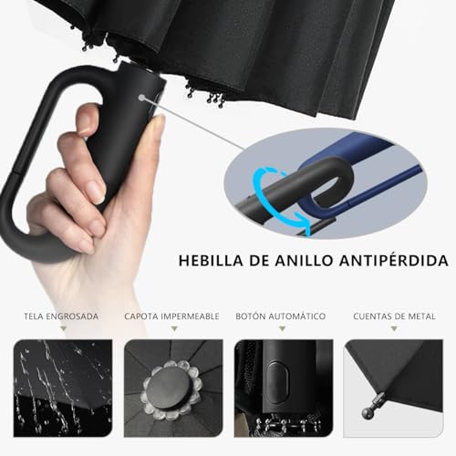 MXHIGO Paraguas Plegable Automático con Hebilla de Anillo, Paraguas de Bolsillo Reforzado, Sombrilla Grande Resistente al Viento, Con 20 Varillas Reflectantes y Protección UV, Para Hombres y Mujeres