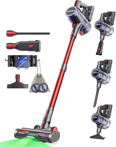 VACTechPro Cordless Vacuum Cleaner 55KPa/600W, 70 Min Autonomy, Cordless Vacuum Cleaner with 1.6L Dust Tank, 8 Layer Filtration, Anti-Tangle Floor Brush, Purple and Red