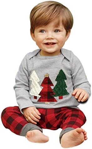 Sunhouse Xmas Baby Boy Girl 2pcs Set Print Tops+Plaid Pants Christmas Home Outfits Pajamas Set (12M-24M, Gray)