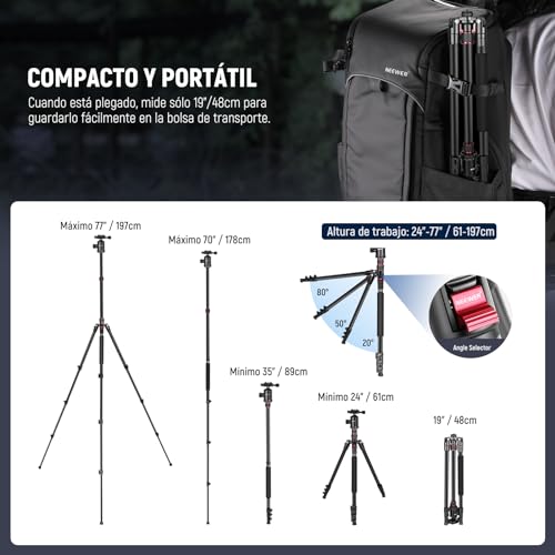 NEEWER Trípode de Cámara de 77 Pulgadas con Rótula de Bola Panorámica de 360°,Columna Central de 2 Ejes,Placa QR Tipo Arca, Aluminio Compacto,Ligero,Carga Máxima de 34 lb, Bolsa de Transporte Incluida