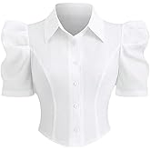 Floerns Women's Elegant Puff Sleeve Blouse Button Down Collar Neck Corset Dressy Casual Shirts