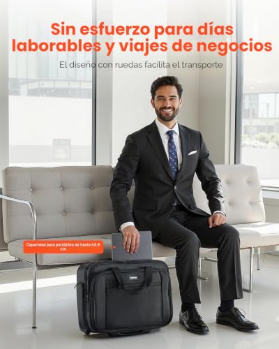 Maleta para Ordenador Portátil de hasta 17,3 Pulgadas, Bolso de Mano con 2 Ruedas Fijas y un Asa Telescópica con 4 Alturas Ajustables para Trabajo, Oficina, Viajes de Negocios, Color Negro