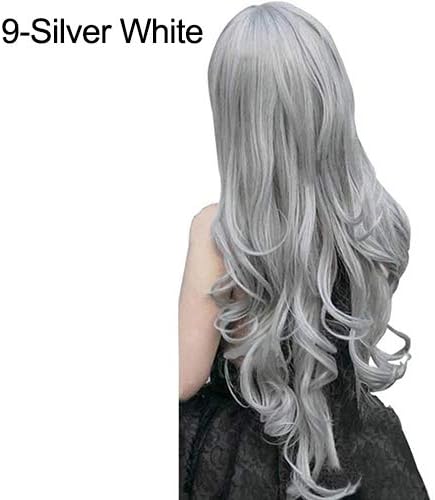 qhtongliuhewu 1Pcs Fashion Popular Colorful Cool Perma-long Cosplay Long Curly Big Wavy Hair Wig For Women Silver White