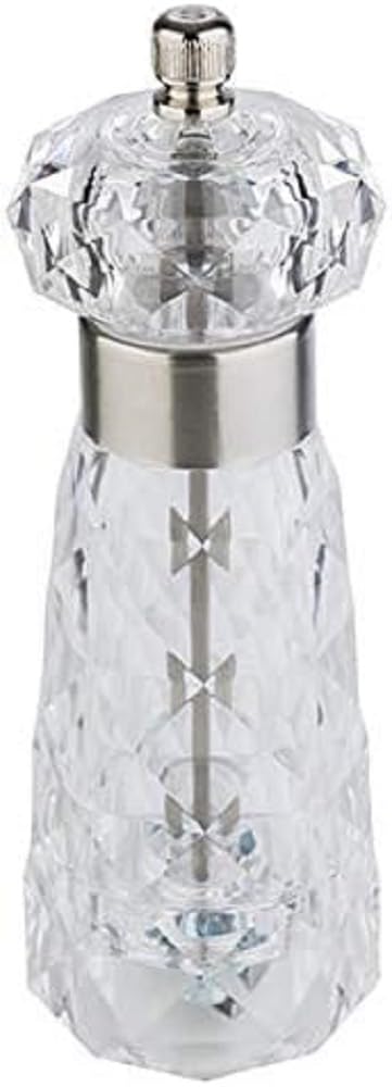 APS Diamond Salt Mill Salt Dispenser Transparent Acrylic Salt Vessel Carbon Steel Grinder Adjustable Grinding Degree Diameter 6 cm Height 18 cm