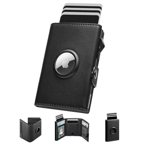 Manmaxim AirTag Men's RFID Blocking Wallet, Compact Air Tag for 12 Cards, Pop-up Coin Purse with Coin Compartment and 2 ID Windows, Black