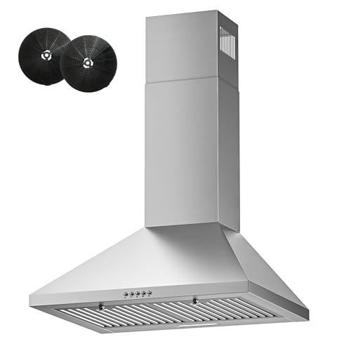 FIREGAS Range Hood 24 inch, 600 CFM Kitchen Hood with Ducted/Ductless Convertible Duct, Stainless Steel Chimney-Style Over Stove Vent Hood with LED Light, 3 Speed Exhaust Fan, 2 Charcoal Filters