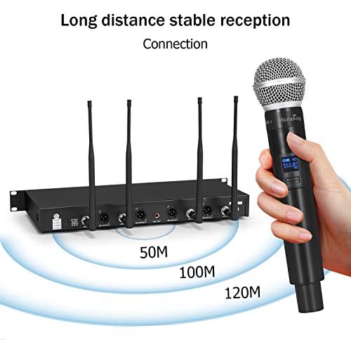 MicrocKing Wireless Microphone System, with 4 Handheld Mics, Metal Build, Fixed Frequency, Long Range 400FT, Ideal for Party Wedding Church Conference Speech