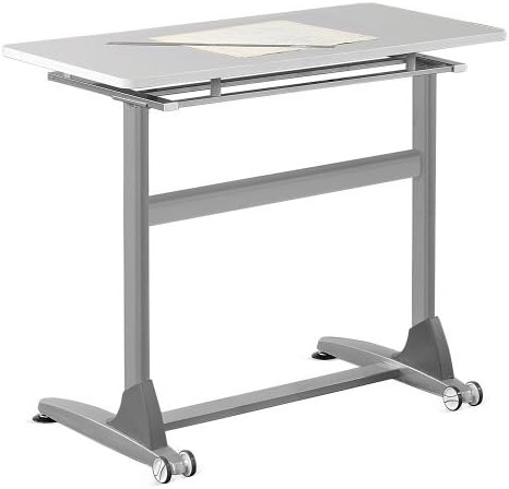 Officient Alta Collection Standing Height Tilt-Top Table with Light Gray Laminate Top and Silver Frame - 36"W