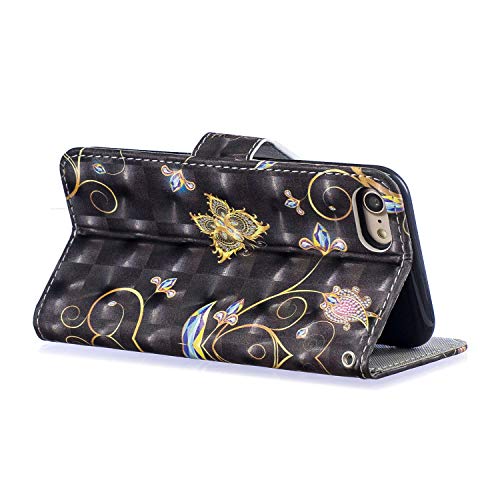 Shinyzone Floral Series Phone Case for iPhone 8/iPhone 7,Premium Leather Book Wallet Flip Cover with Card Holder Cash Pocket with Wrist Strap Magnetic Viewing Stand-Black Butterfly