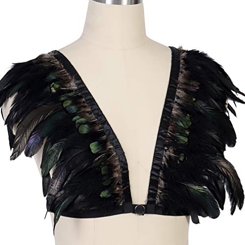 Women Feather Harness Caged Bralette Plus Size Punk Gothic Festival Rave Art Clothing (Black) - Thumbnail 5