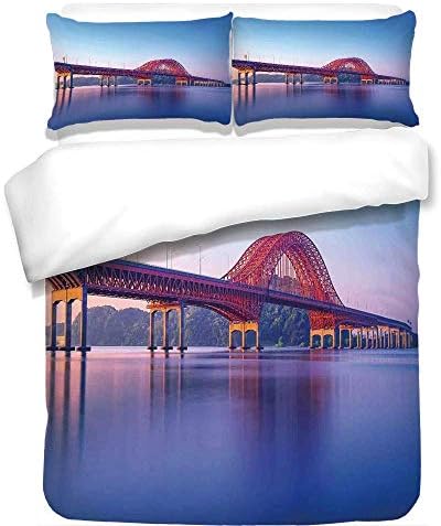 VAMIX 3Pcs Duvet Cover Set,Landscape,Banghwa Bridge and Han River Seoul Korea Contemporary Architecture Picture,Blue Red Purple,Best Bedding Gifts for Family/Friends,