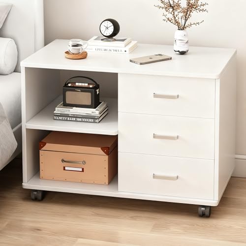 DAYONG Wooden Bedside Table, Modern Nightstand with 3 Drawers & Storage Shelves, Night Stands End Side Table for Bedroom Office, Dorm, Living Room, 60 x 34 x 59 cm (White)