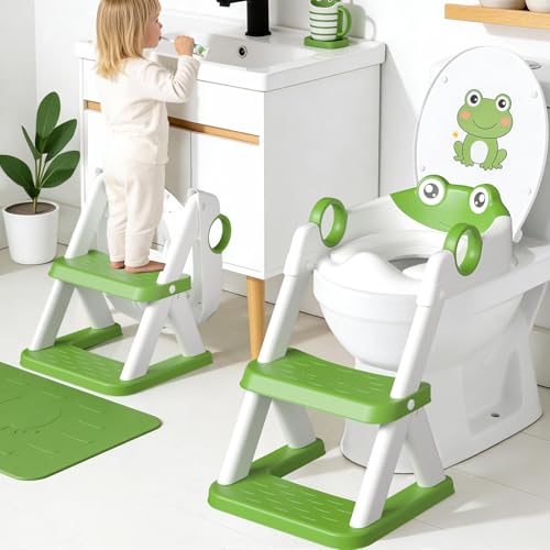 COOSEYA Frog Shaped Children's Toilet Reducer, 2 in 1 Potty with Ladder for Children, Waterproof Mat and Non-Slip Stool, Green