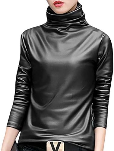 Winwinus Women Regular Fit Turtleneck Solid Color Pu Leather Down Tops